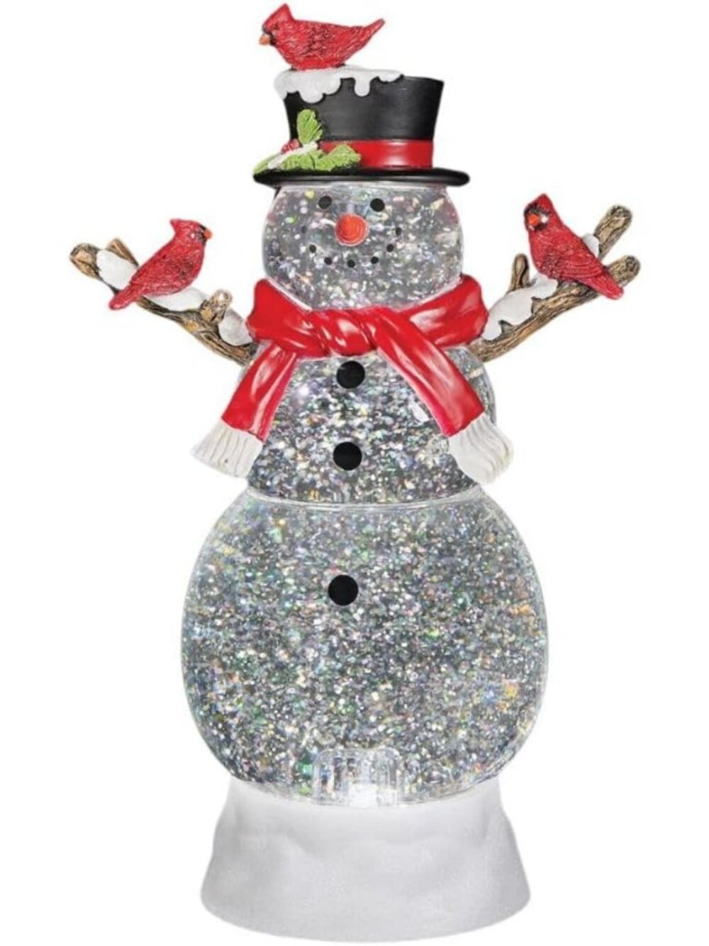 12" Lighted Swirl Snowman with Cardinals - Glitter Confetti, USB/Battery